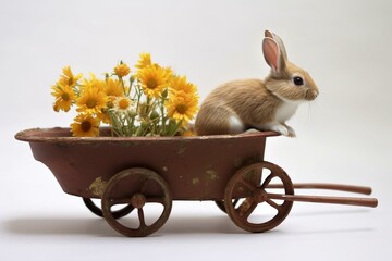 a rabbit in a wheelbarrow with daisies, a daisy in the background, white background, brown wheelbarrow. Generative AI