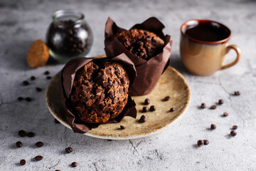 Homemade delicious chocolate chip cocoa muffins.