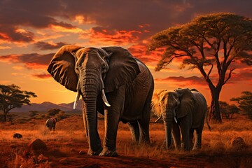 Fototapeta na wymiar big african elephants in the sunset, big five wildlife safari