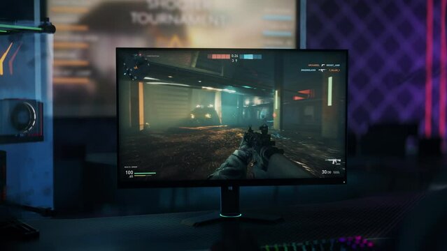 Animation Of Modern Military FPS Game Online Mode. Losing Match To Enemy Players In FPS Online Game. Computer Screen. Online Esports FPS Game. Military Weapons. Round Defeat. Execution. Guns