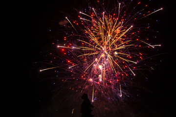 Holiday fireworks explode in the night sky. 4th of July celebration. Selective focus. 