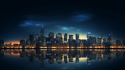 : City skyline backdrop with skyscraper silhouettes, city lights, and modern urban decor.