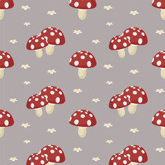 Seamless pattern, cute fly agarics and chamomile flowers on a gray background. Print, background, vector