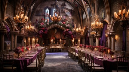 : Fairytale castle decor with regal colors, medieval accents, and ornate chandeliers. - obrazy, fototapety, plakaty