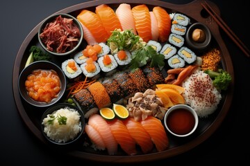 The aesthetics of Japanese cuisine. Sushi. Rice with vinegar seasoning. Various seafood. Delicottes. Tasty food. Seasonings and spices. Sashimi Rolls Ramen Pok&eacute;.