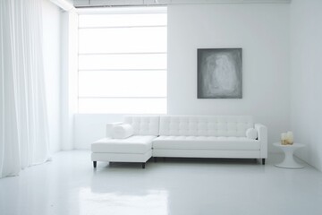 Minimalistic living space featuring a white leather sofa. Generative AI
