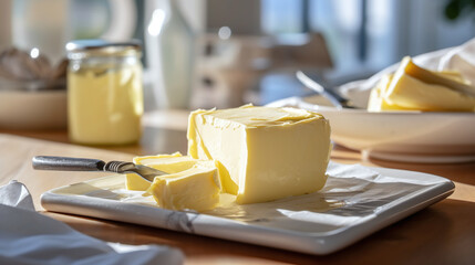 Pieces of butter on a plate on a kitchen table