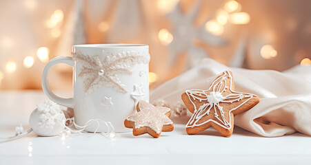 Christmas gingerbread cookies, coffee in stylish white cup,  warm lights on white wooden table. Winter Holidays, cozy xmas moody 