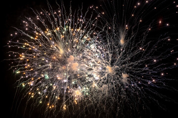 Holiday fireworks explode in the night sky. 4th of July celebration. Selective focus. 