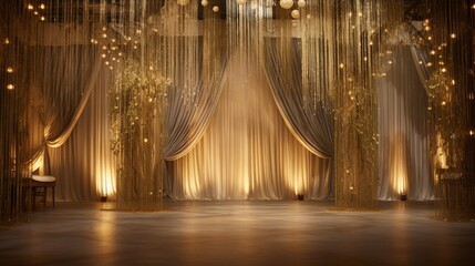 Luxurious gold and silver-themed backdrop with shimmering curtains for a glamorous event. - obrazy, fototapety, plakaty