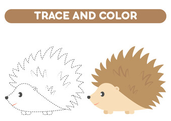 Trace and color cute cartoon hedgehog. Worksheet for kids