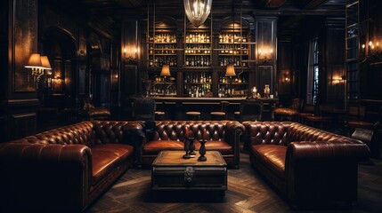 : Masculine whiskey lounge birthday with leather sofas, dark wood accents, and a refined ambiance.