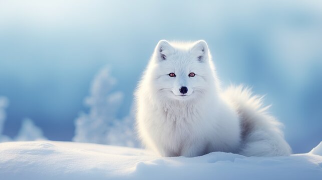 Arctic white fox in winter blurred background. AI generated image