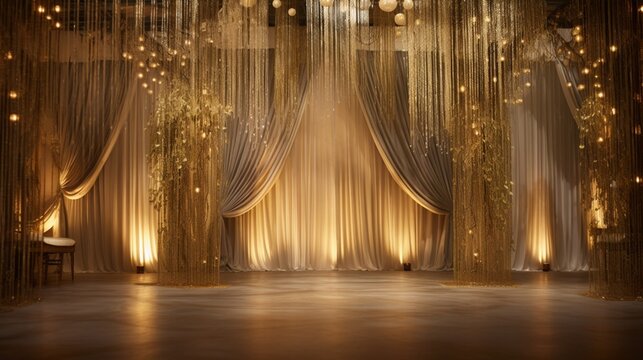 Luxurious gold and silver-themed backdrop with shimmering curtains for a glamorous event.
