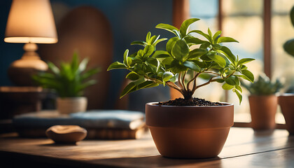 green tree in a container symbolizes investment revenue, growth, and good financial outcomes, while a small plant on a table represents a small plant