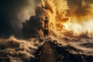 gale in the lighthouse in the middle of the ocean, xtreme weather caused by climate change. different types of weather - obrazy, fototapety, plakaty