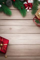 christmas background with christmas tree branches gifts and place for text