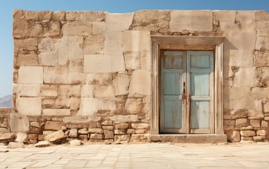 Old ancient textured door in a stone wall in Greece