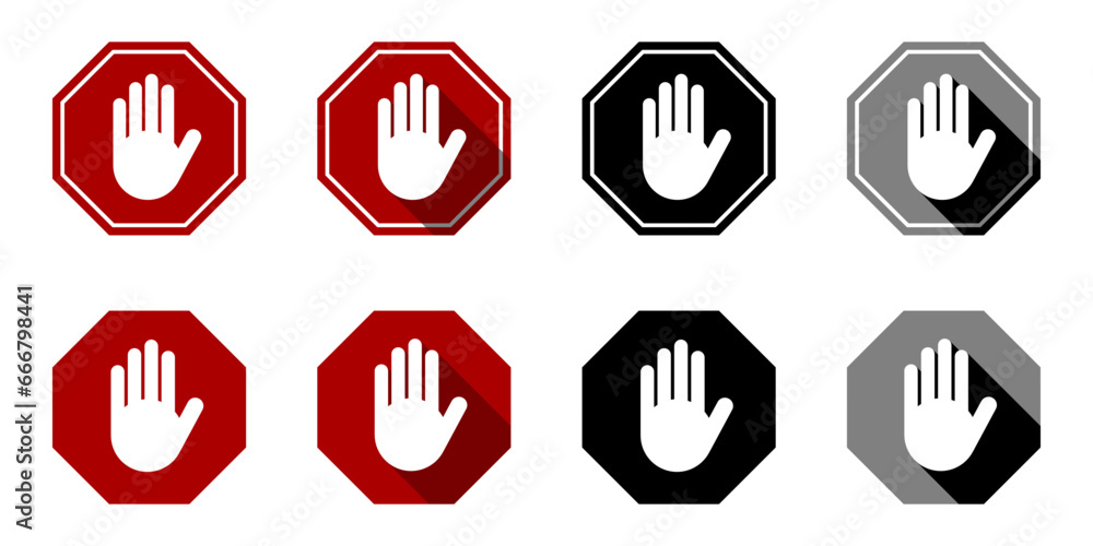 Poster red gray black monochrome stop hand block octagon sign or adblock or do not enter or forbidden icon 