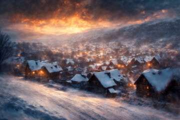 a small village against the background of hard nature in winter, blizzard, old wooden huts, dramatic sky and snowy mountains, beautiful landscape