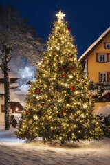 Christmas tree with new year holiday decoration in a city street at night, houses with lights, winter, snow
