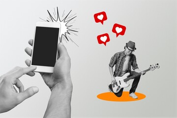 Creative collage of arm hold phone and man play guitar