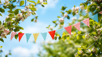 string of colorful pennant against blue sky in the garden as a summer party decoration - obrazy, fototapety, plakaty
