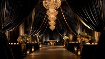 : Sophisticated black-tie birthday affair with crystal chandeliers, gold accents, and velvet drapes.