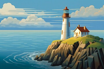 Illustration of a lighthouse standing on a cliff overlooking a breathtaking blue ocean landscape. Generative AI - obrazy, fototapety, plakaty