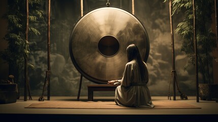 Person playing golden Tibetan gong. Asian sound therapy for alternative healing and meditation. Symbol of Buddhism. Instrument for temple, sanctuary, yoga studio - obrazy, fototapety, plakaty