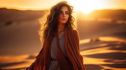 Portrait of a beautiful woman in the desert at sunset. Beauty, fashion. Arabian woman in the desert. Travel Concept. Background with a copy space. - obrazy, fototapety, plakaty