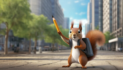 City squirrel heading towards school - obrazy, fototapety, plakaty