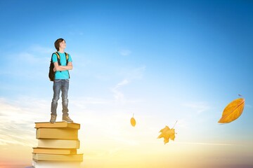 Back to school concept, Happy child standing on the books