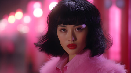 A close-up of an elegant Chinese woman adorned in a plush pink fur coat, promoting a beauty campaign.