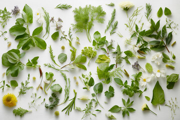Flat lay of fresh herbs on white background. Generative Ai. - obrazy, fototapety, plakaty