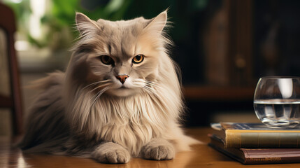 A gray cat lies on a table