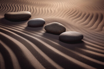 Fototapeta na wymiar Zen Stones with Elegant Lines on Sand: Spa Therapy Symbolizing Purity, Harmony, and Balance. Generative Ai.