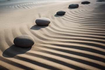 Fototapeta na wymiar Zen stones in the sand: spa therapy symbolizing purity, harmony and balance. Generative Ai.