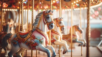 : Whimsical carousel event with colorful horses, vintage carnival lights, and festive atmosphere.