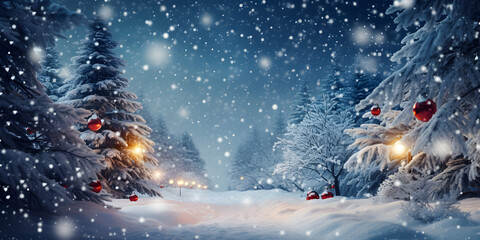 Winter snow evening landscape with decorated christmas trees in the forest. - obrazy, fototapety, plakaty