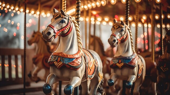 : Whimsical carousel event with colorful horses, vintage carnival lights, and festive atmosphere.