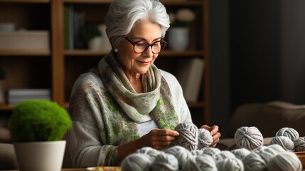 A caring old grandmother knits warm winter clothes from yarn for her grandchildren. Handmade hobbie