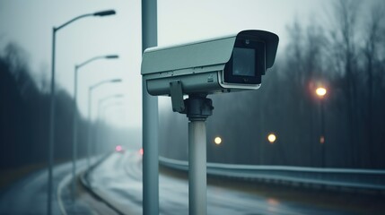 Security camera on the road fines for speeding cars, control watching traffic - obrazy, fototapety, plakaty