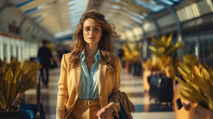 Business woman at the airport waiting for her departure flight for vacation. Business work travel - obrazy, fototapety, plakaty