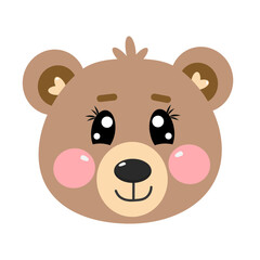 Cute kawaii brown face, head of bear. Vector illustration for kids