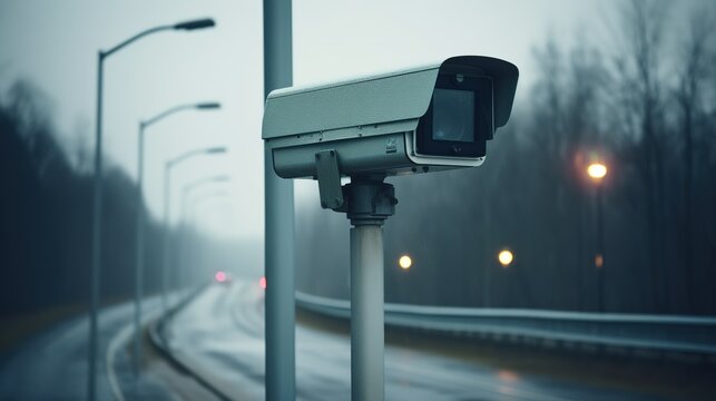 Security camera on the road fines for speeding cars, control watching traffic