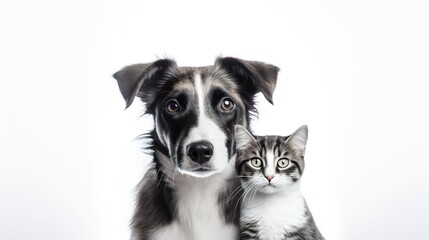 Happy pets. Adorable puppy and cat, black and white portrait of a man's faithful friends.