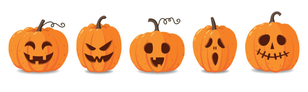 Set of cartoon pumpkins with funny faces for your design for the holiday Halloween. Different shapes and sizes orange gourd. Flat style vector illustration on white background.