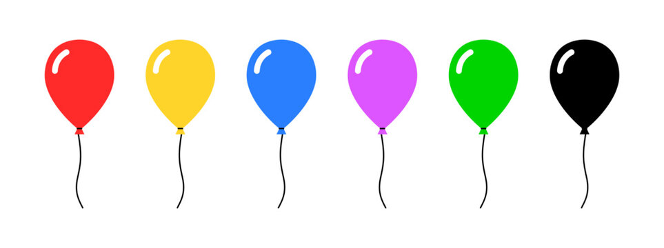 Colorful Group of Yellow, Red, Blue, Purple Green and Black Balloon Icon Set. Vector Image.