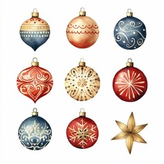 Set of watercolor Christmas balls with different design. Decoration for the holiday. Created with Generative AI technology

